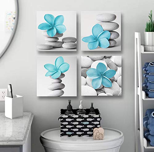 Genius Decor-Modern Bathroom Wall Art Blue Grey Zen Flowers And Pebble Stone Aqua Bedroom Canvas Art For Decoration (Blue)
