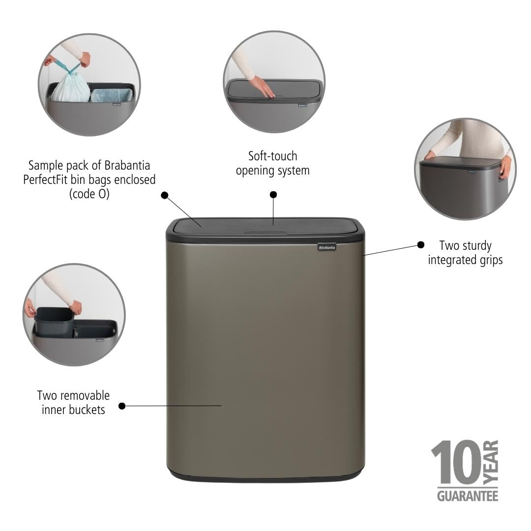 Brabantia Bo Touch Bin Recycling  2 x 30L  2 Inner Buckets (2x30L)  Platinum