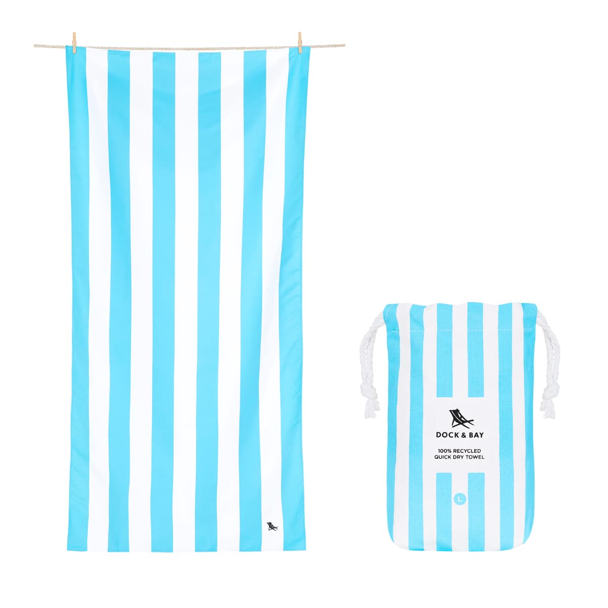Dock & Bay Beach Towel - Quick Dry  Sand Free - compact  Lightweight - 100% Recycled - Includes Bag - cabana Light - Tulum Blue - Large (160x90cm  63x35)