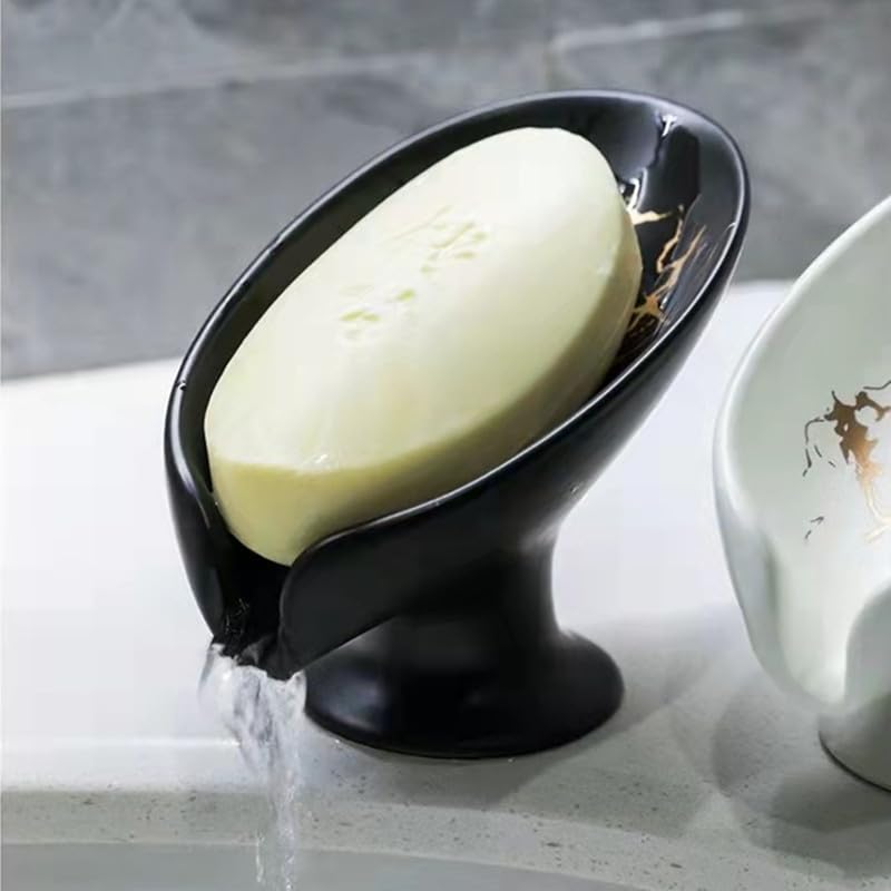 Soap Dish, Ceramic Soap Holder, Self Draining Soap Dish Holder, Leaf Shape Soap Bar Holder (Black)