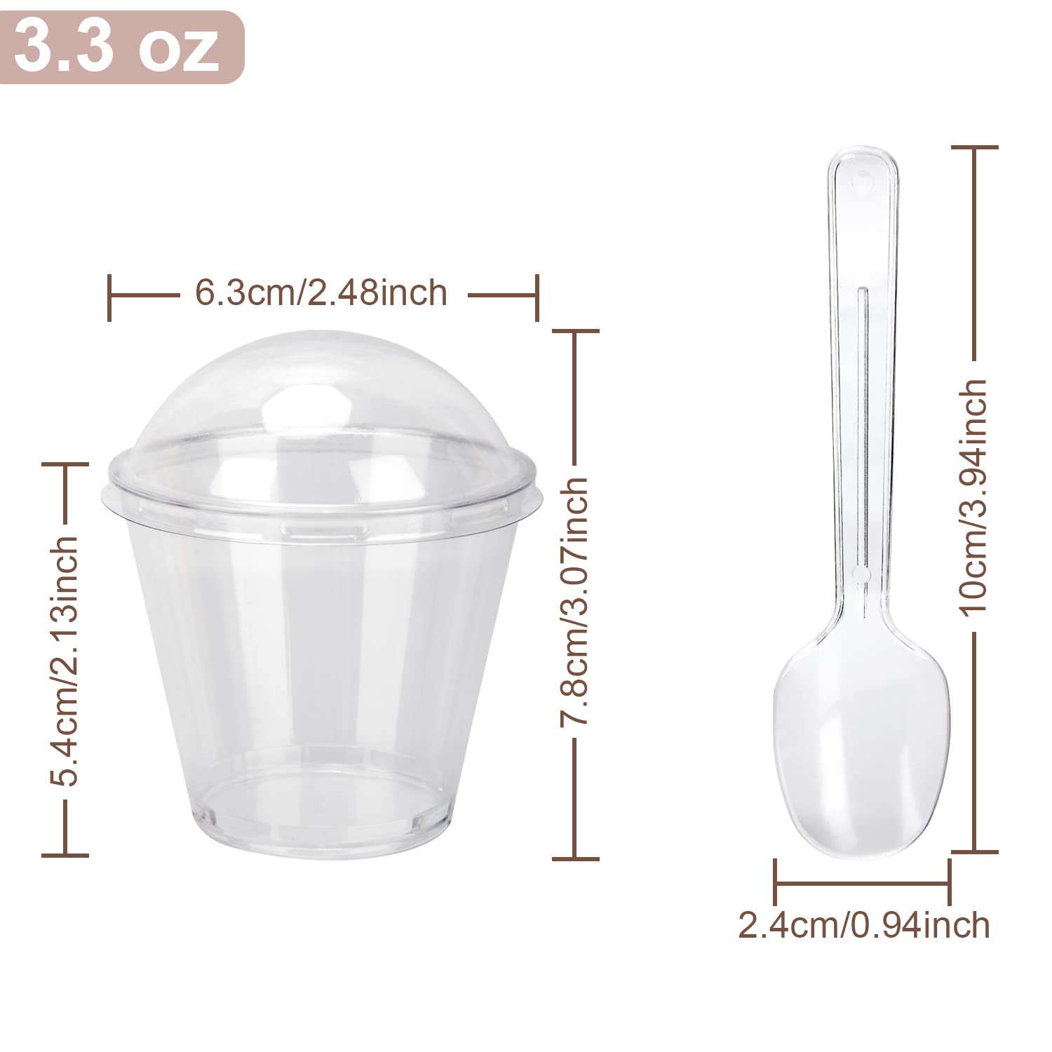 Hawhawtoys Dessert Cups With Dome Lids And Spoons, 100 Pack 3.3 Oz Round Mini Plastic Parfait Cups For Party Individual Desserts