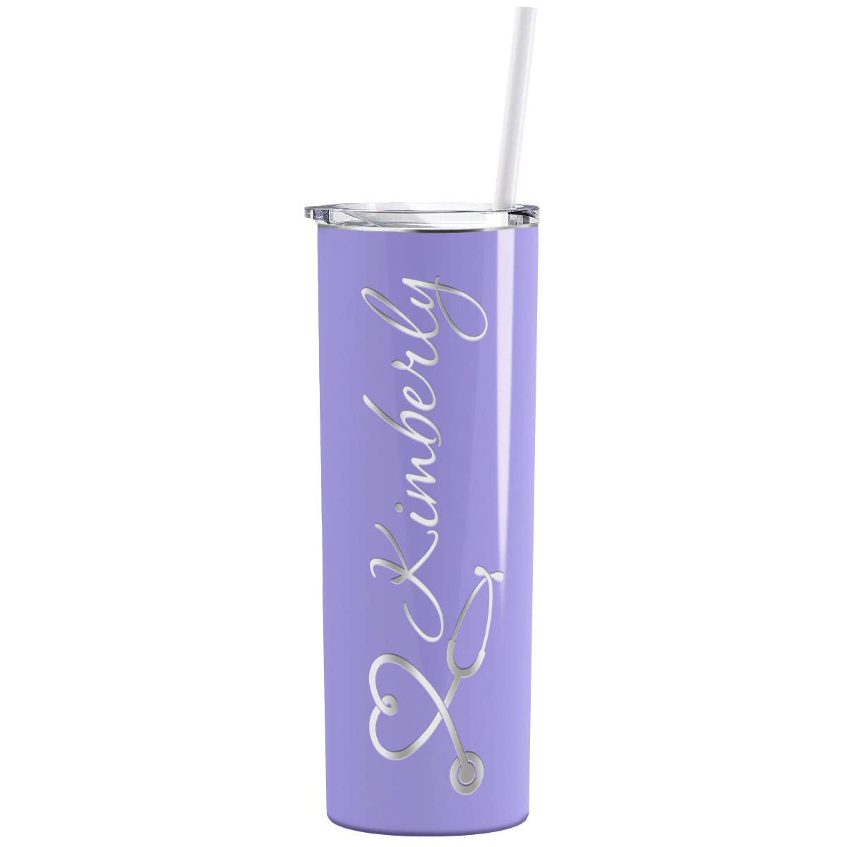 Personalized Nurse Laser Engraved Custom Lavender Gloss Nurse Custom Engraved 20 Oz Skinny Tumbler With Lid And Straw