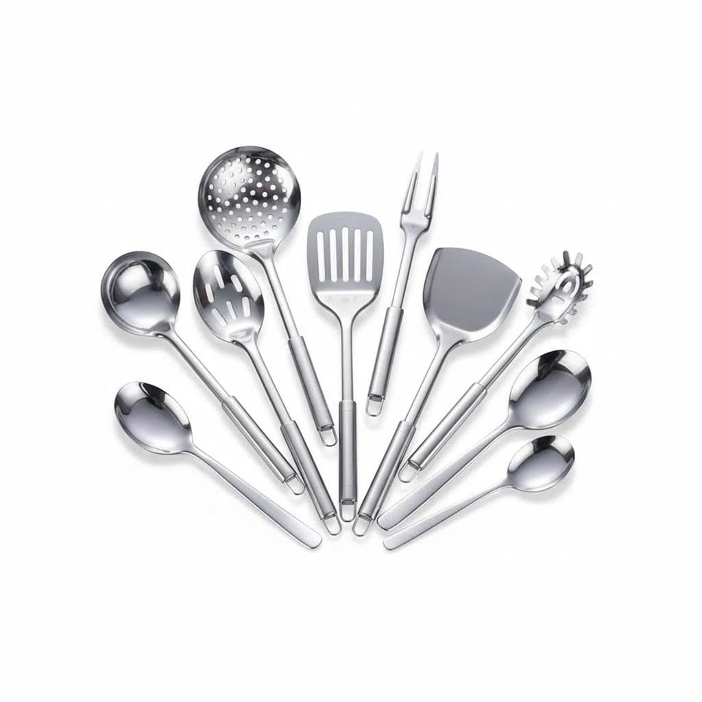 XAUZIX 12Piece HeavyDuty Stainless Steel Cooking Utensil Set  Long HeatResistant Handles  Turner, Ladles, Skimmers & More