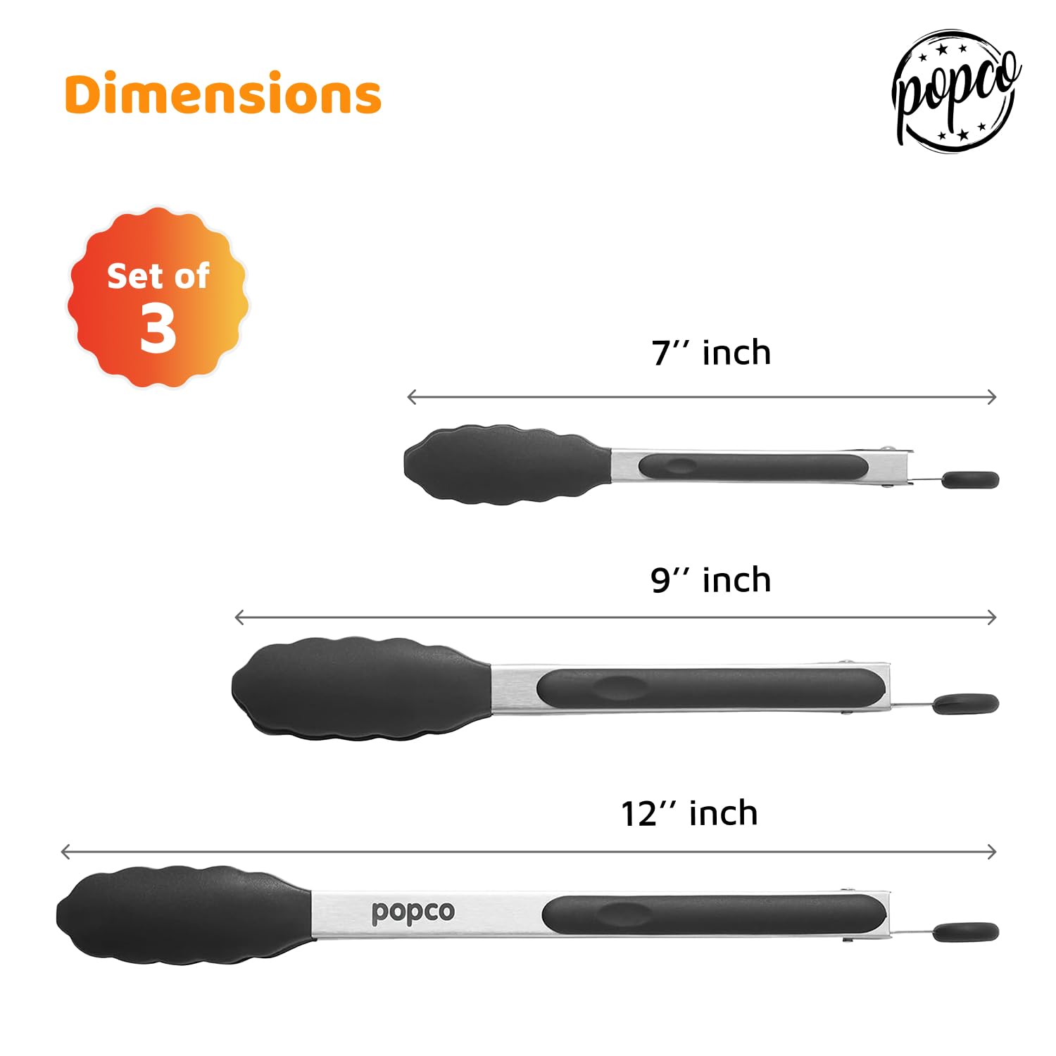 Popco Silicone Tongs for Cooking Grilling (3 food tongs x 7/9/12'') Heavy Duty Stainless Steel BBQ Tongs for Grilling  Cooking Tongs  Kitchen Tongs with Silicone Tips  Salad Tongs  Rubber Tongs Buffet