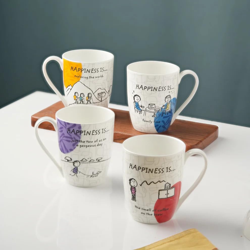 Clay Craft Printed Fine Ceramic Happiness Is Oxford Delight Coffee & Milk Mugs, 300Ml, Set Of 4, Multicolor