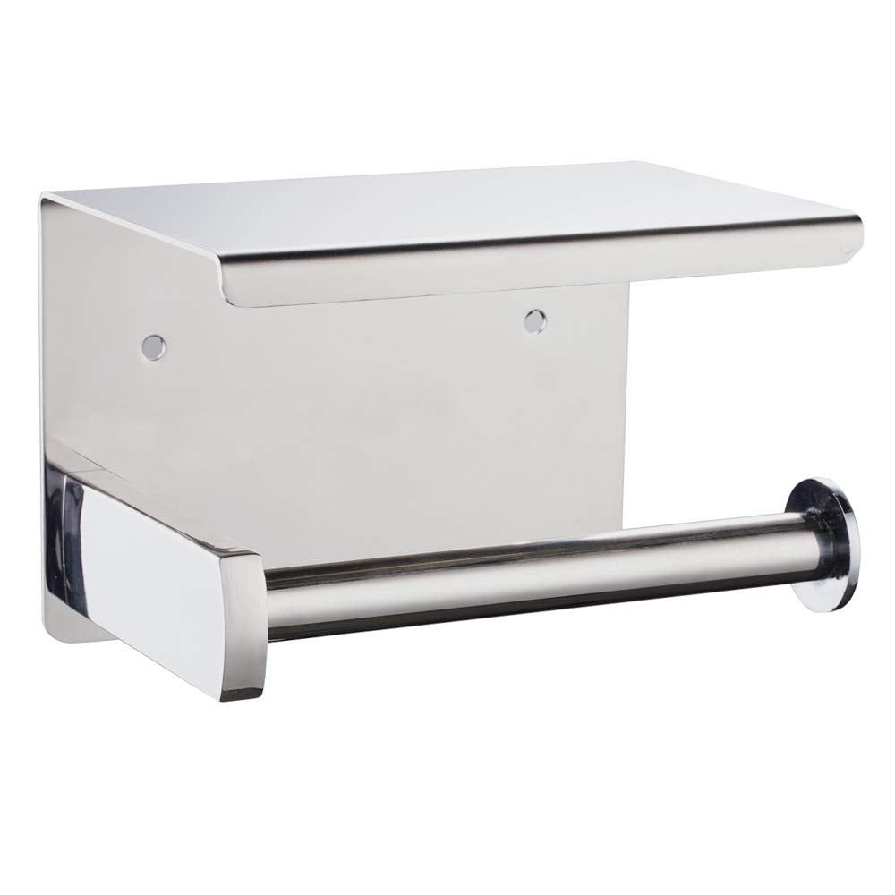 Toilet Paper Holder With Shelf Wall Mounted, Adhesive Toilet Paper Roll Holder, Stainless Steel Tissue Roll Dispenser Storage, A