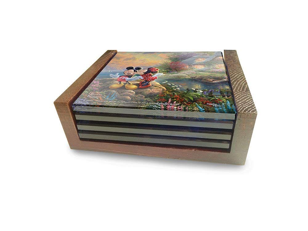Disney Mickey And Minnie Mouse Glass Coaster - Sweetheart Collection - Thomas Kinkade - Comes With Stylish Modern Wooden Holder