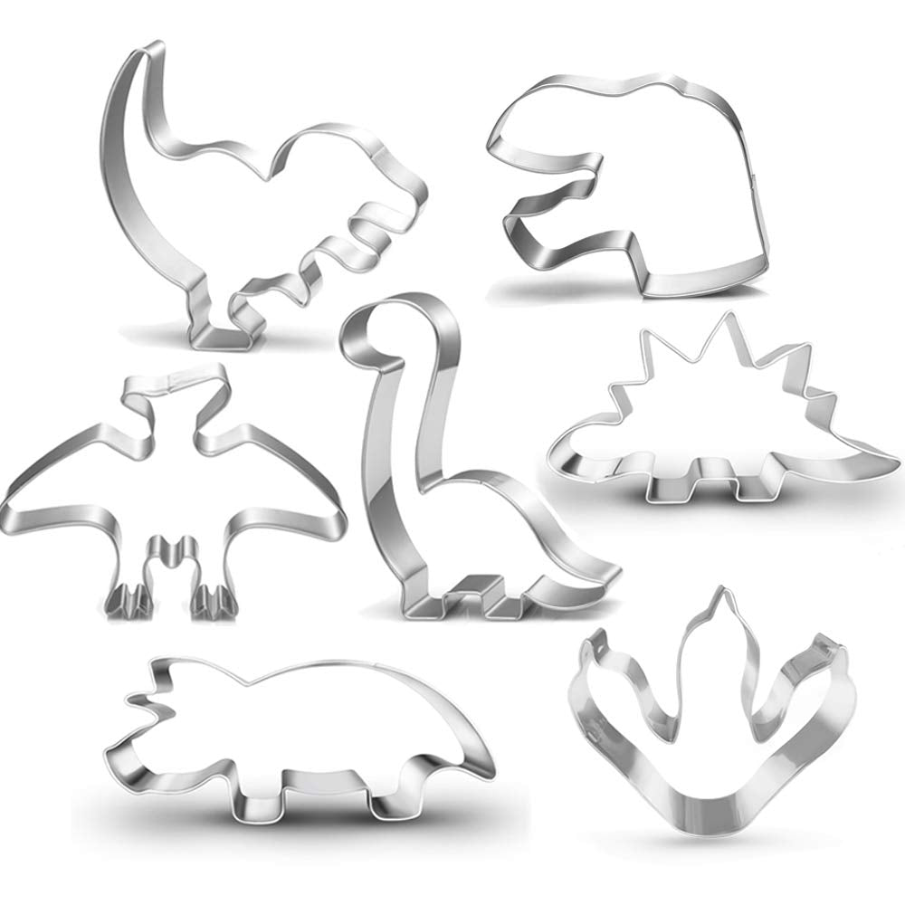 Lubtosmn New Dinosaur Cookie Cutter Set-7 Piece-Dinosaur Footprint And Head, Tyrannosaurus(T-Rex), Brontosaurs, Spinosaurus, Tri