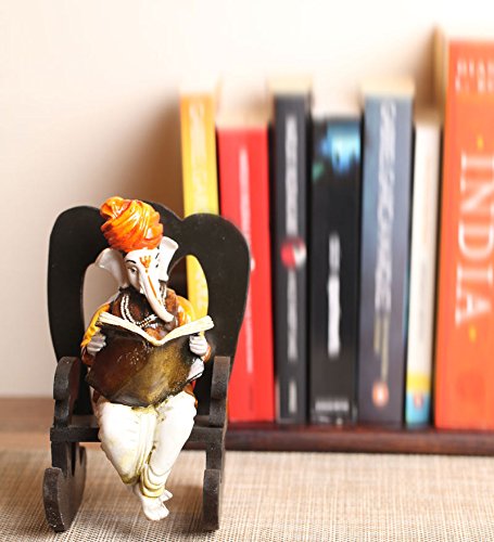 Ecraftindia Lord Ganesha Reading Book On Wooden Chair (Lxwxh - 4Inx5Inx6.5In)