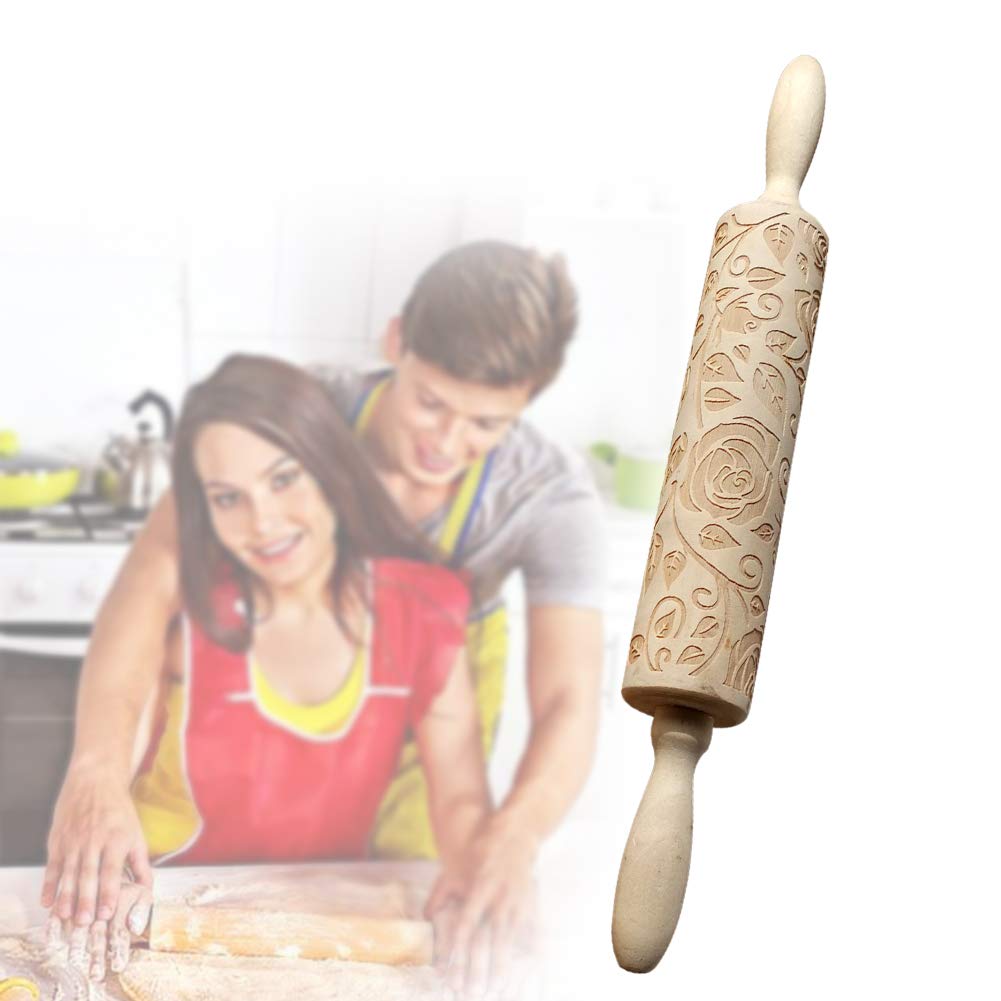 CfoPiryx Wooden Rolling Pin - Rose Flower Embossed Baking Tool, Free Size, Wood Color, Ideal for Cookies and Fondant