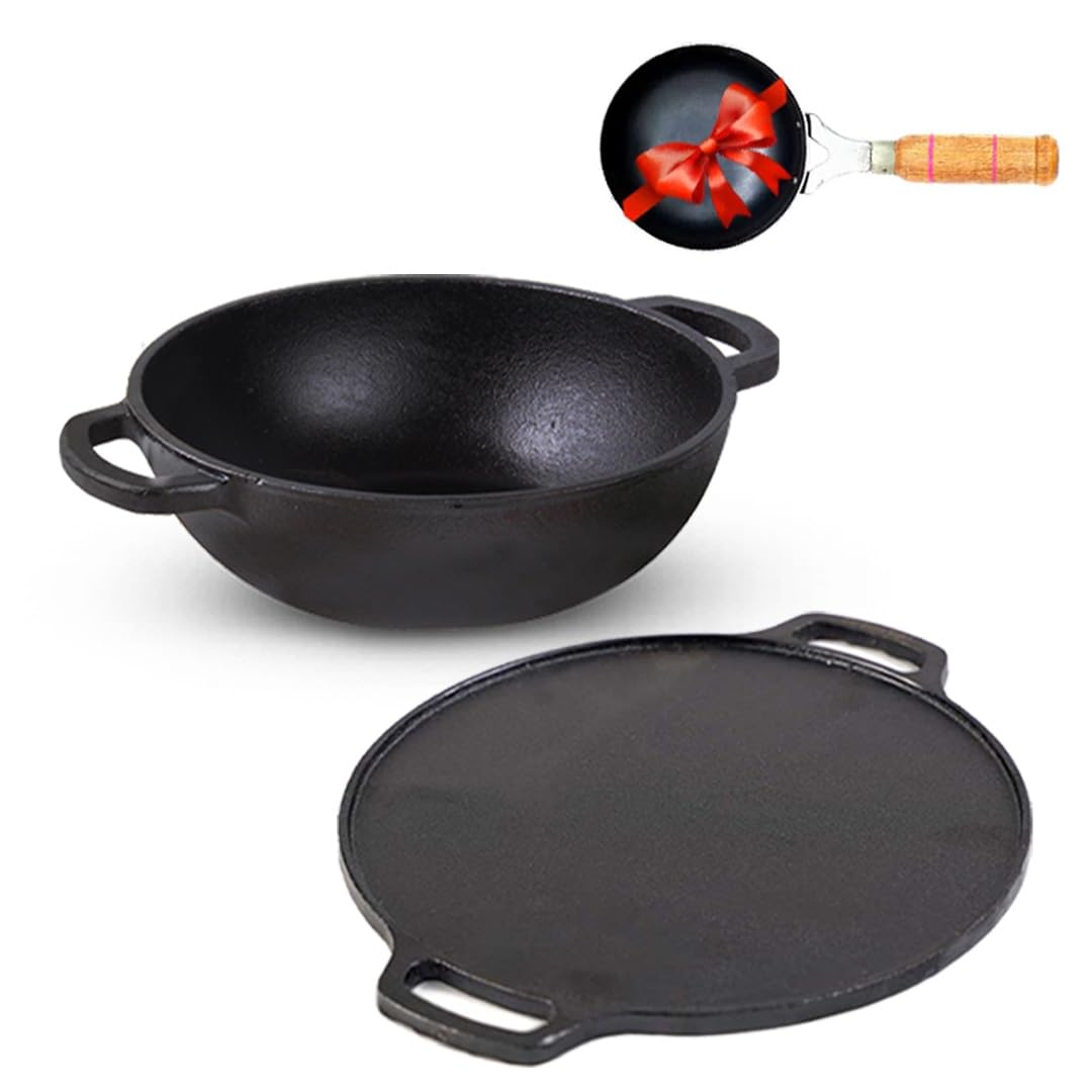 The Indus Valley Pre-Seasoned Cast Iron Cookware Set + Free Iron Tadka Pan | Kadai (25.4Cm/2.3L) + Tawa (30.5Cm) | Kitchen Cooki