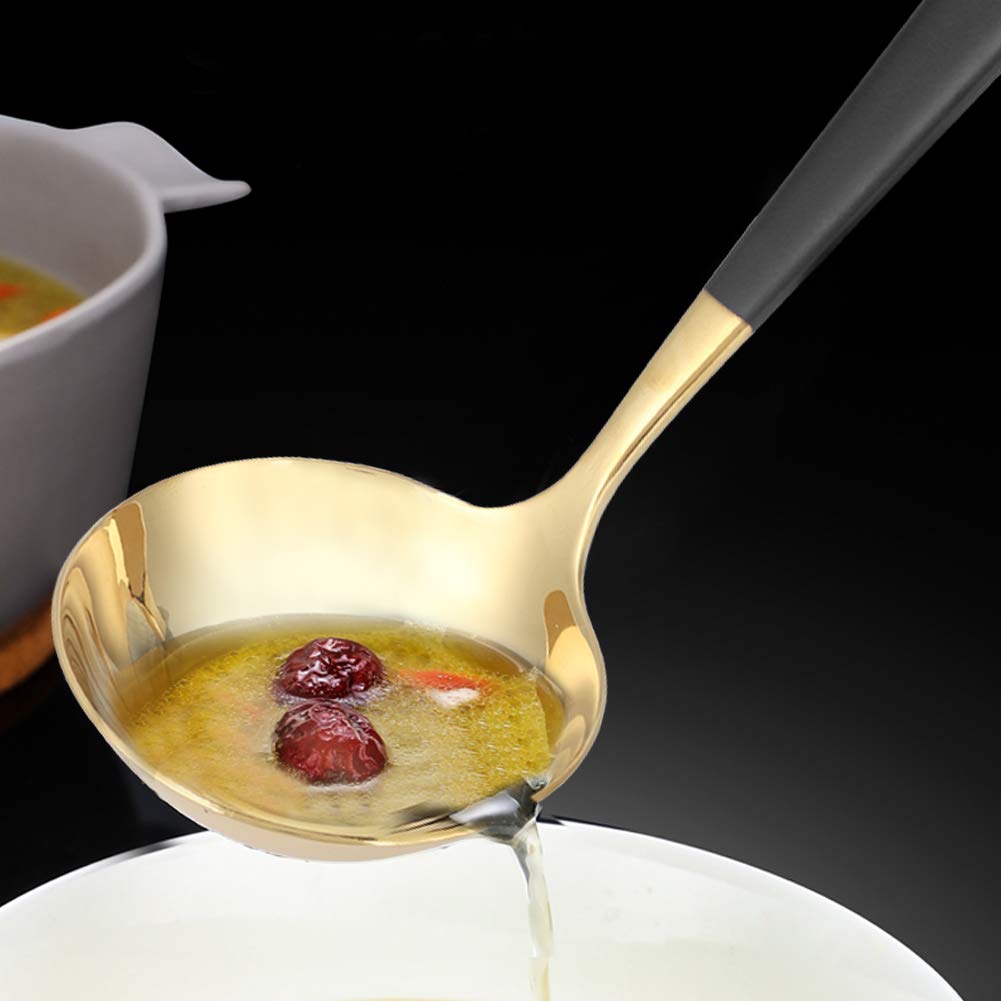 Deep Spoons, 304 Stainless Steel Soup Ladle Black-Gold Serving Spoon Cooking Spoons For Household Restaurant Hotel, With Long Ha