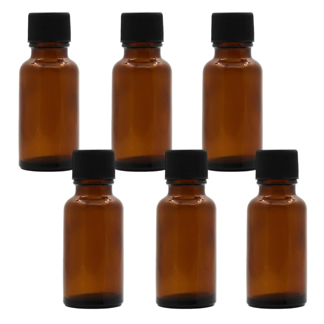 OHEETU 6 Pcs 20 ml / 0.67 oz Amber Glass Essential Oil Bottles with Orifice Reducer and Black Cap Empty Refillable Aromatherapy 