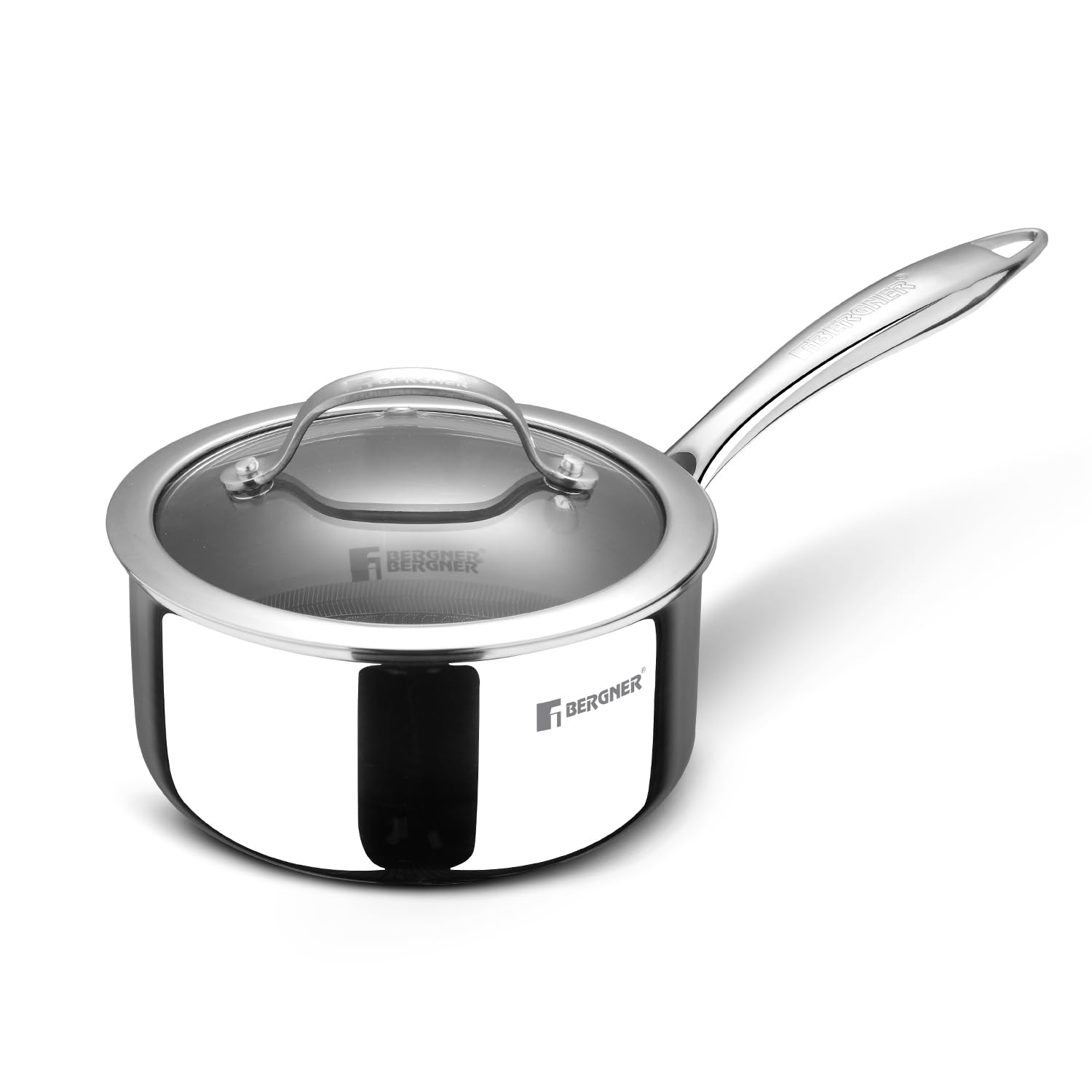 Bergner HiTech Giro X Triply With Honeycomb Healthy Ceramic Coating Saucepan 16Cm (1.6 L) With Glass Lid, Stay Cool Handles, Pf