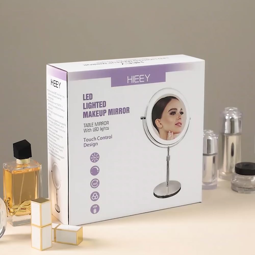Hieey Lighted Makeup Mirror With Magnification, 1X/10X Rechargeable 8'' Lighted Mirror, 360 Rotation Touch Screen Vanity Mirror,