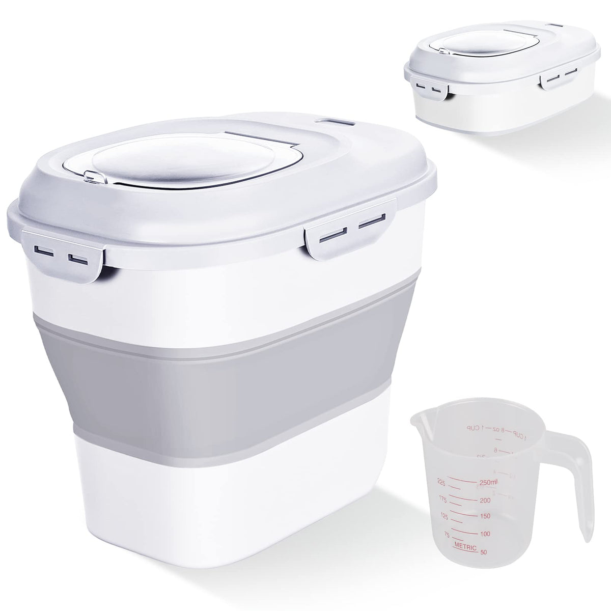 Cereal Rice Food Storage Containers, Collapsible 20 To 50 Lbs Dispenser Bin With Rolling Wheel Airtight Locking Lid, Dog Pet Cat