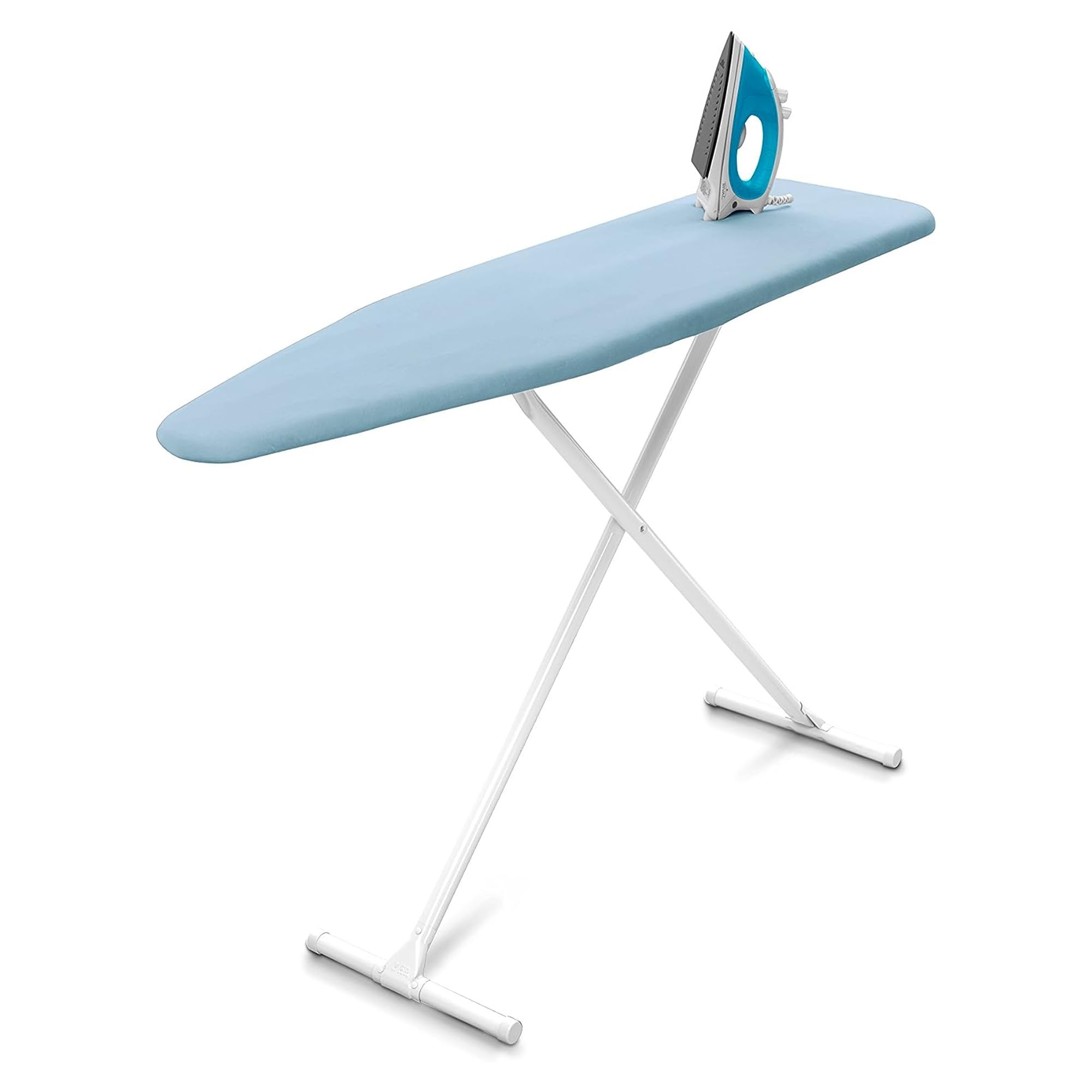 Homz T-Leg Clothes Ironing Board, Compact Foldable Standard Size Adjustable Height With Foam Pad & Cotton Cover, Light Blue