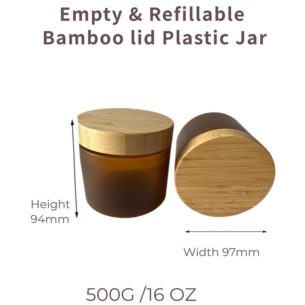 Beeco Gif2U Empty Bamboo Lid Jar 16Oz/500G,Refilable Plastic Round Cosmetic Containers For Powder,Body Butter,Cream,Lotion,Wide