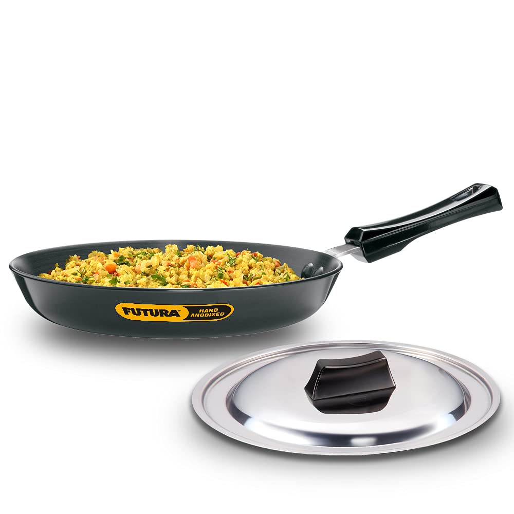 Hawkins Futura 24 Cm Frying Pan, Hard Anodised Fry Pan With Stainless Steel Lid, Black (Iaf24S)