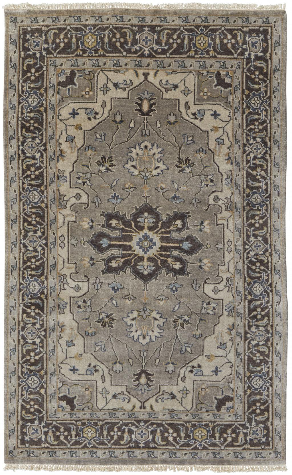 2 X 3 gray Taupe And Blue Wool Floral Hand Knotted Stain Resistant Area Rug