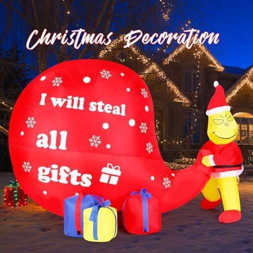 8FT Christmas Inflatable Green Monster Decoration -  I Will Steal All Gifts  Funny Holiday Yard Decor with LED Lights, Suitable