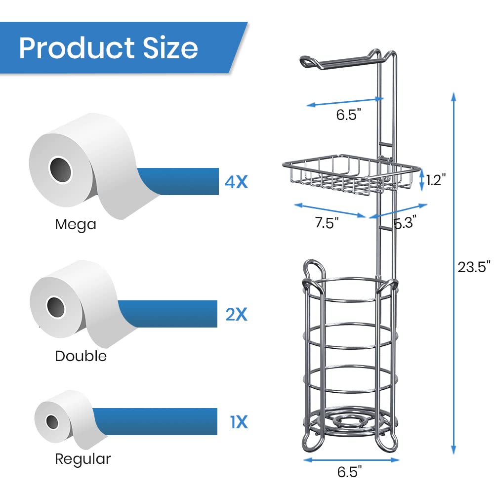 Chrome Toilet Paper Holder Stand Tissue Holder for Bathroom with Shelf Storage Holds 4 Mega Rolls Phone and Wipes