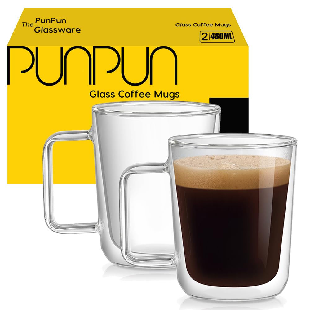 Punpun 16Oz.480Ml Coffee Glass Mugs Large Coffee Mugs, Coffee Cups Jumbo Mugs Double Wall Insulated Glass Mugs, Premium Glasses
