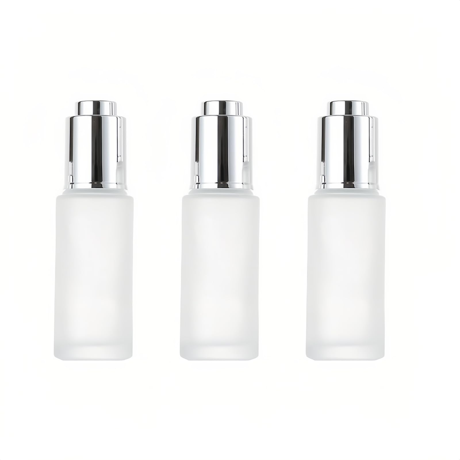 Happyupcity 3Pcs 30ml/1oz Empty Frosted Glass Dropper Bottle with Silver Pressure Pump Top Refillable Essential Oil Eye Dropper 