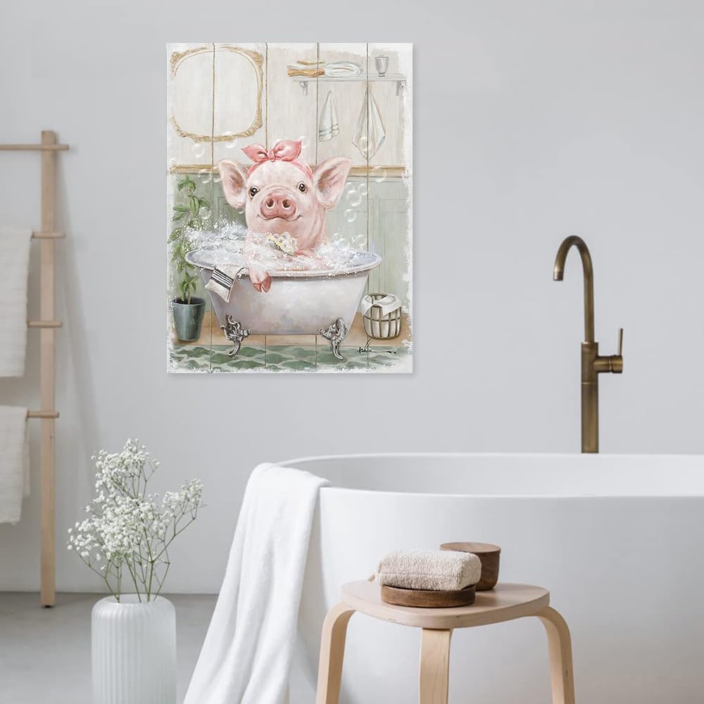 Pink Pig Bathroom Wall Art Pink Bathroom Decor Cute Animal Framed For Bedroom Living Room Kitchen And Kids Bathroom(16''X24''X1