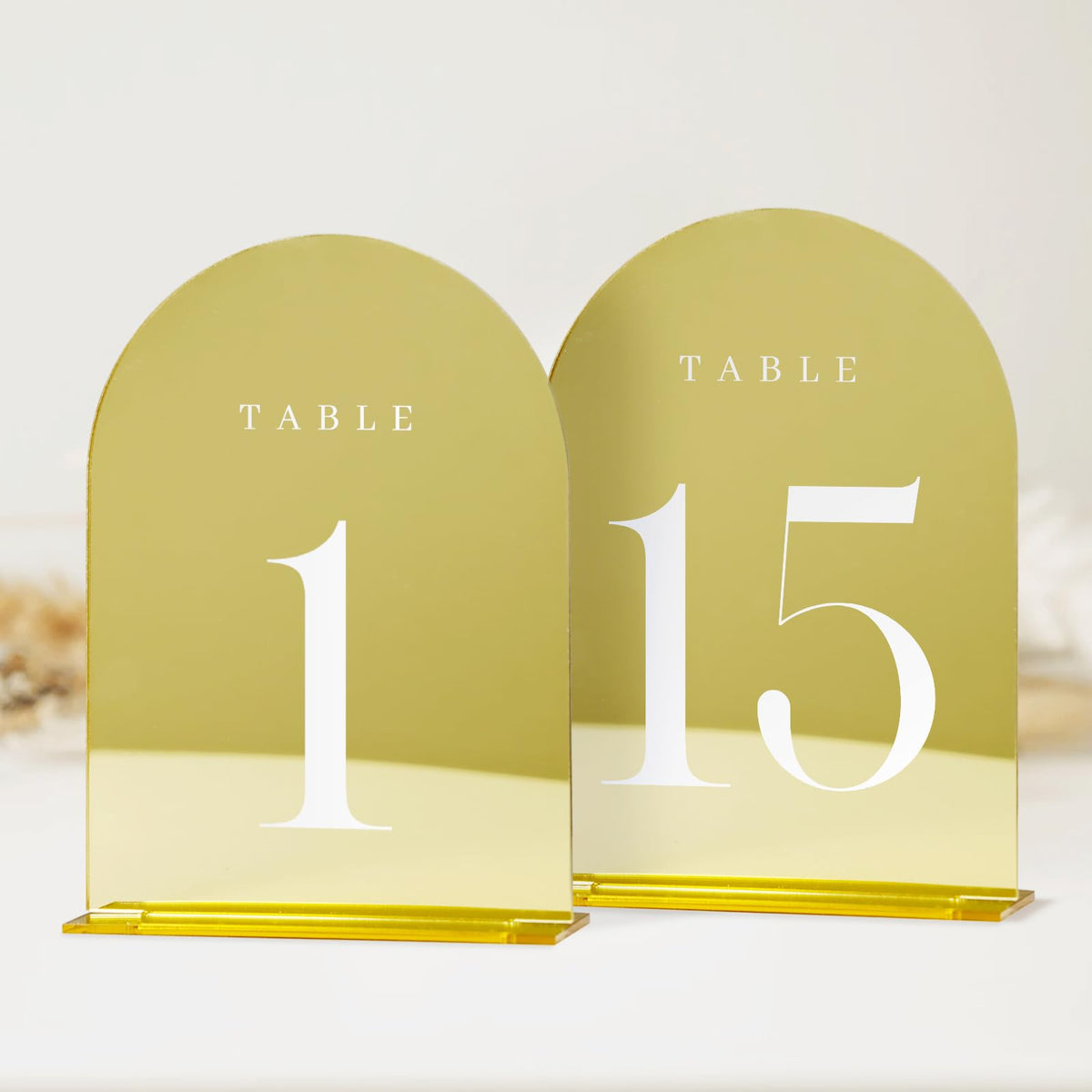 Jinmury Gold Wedding Table Numbers 1-15 With Stands, 15 Pack 5X7'' Gold Acrylic Arch Sign With Stand Gold Mirror Acrylic Arch Ta
