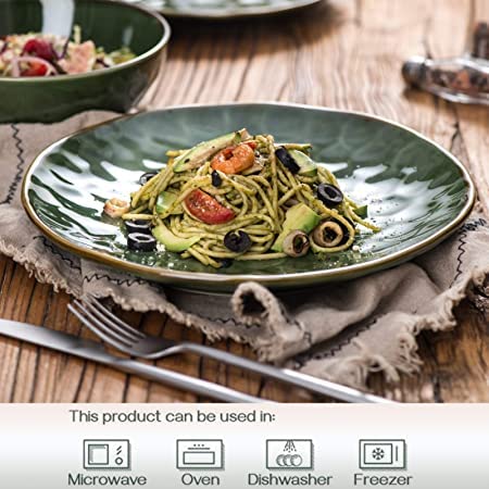 vicrays Ceramic Dinner Plates Set  10.5 Inch  Set of 6  Round  Microwave  Oven  Dishwasher Safe  Scratch Resistant  Porcelain Fluted Suitable for Steak  Pasta  Pizza  Home  Party  Restaurant  Green