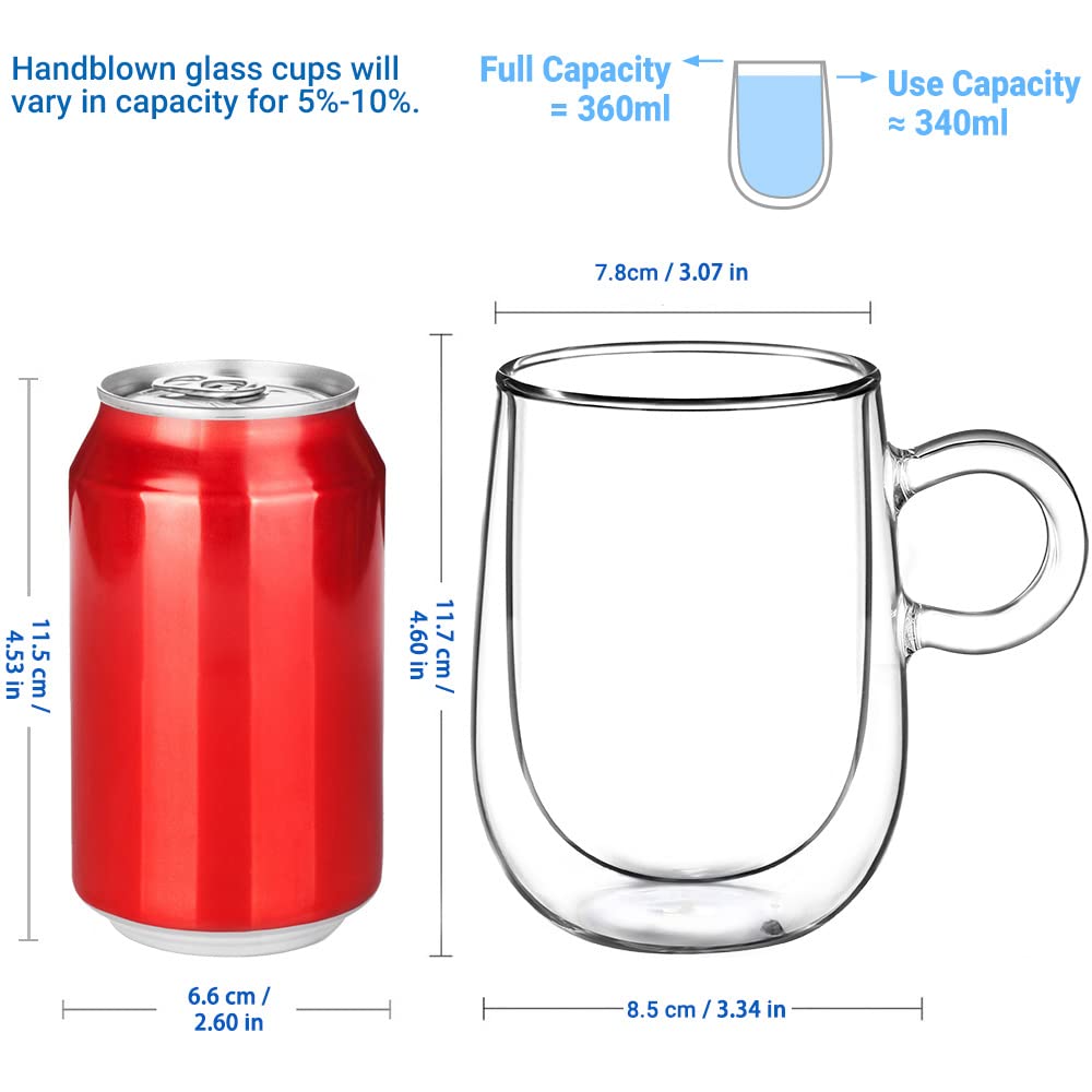 glastal Double Walled Glass Coffee Mug Set of 2, 12 oz Insulated Clear Borosilicate Cappuccino Cups, Model 23GWYY3602