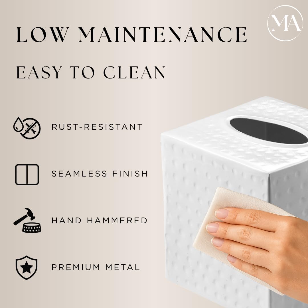 Monarch Abode 19027 Hand Hammered Tissue Box Square Cover Holder and Dispenser  Metal Dresser Accessories for Home and Office Bathroom Decor Vanity  Decorative Tissue Box Holder  White