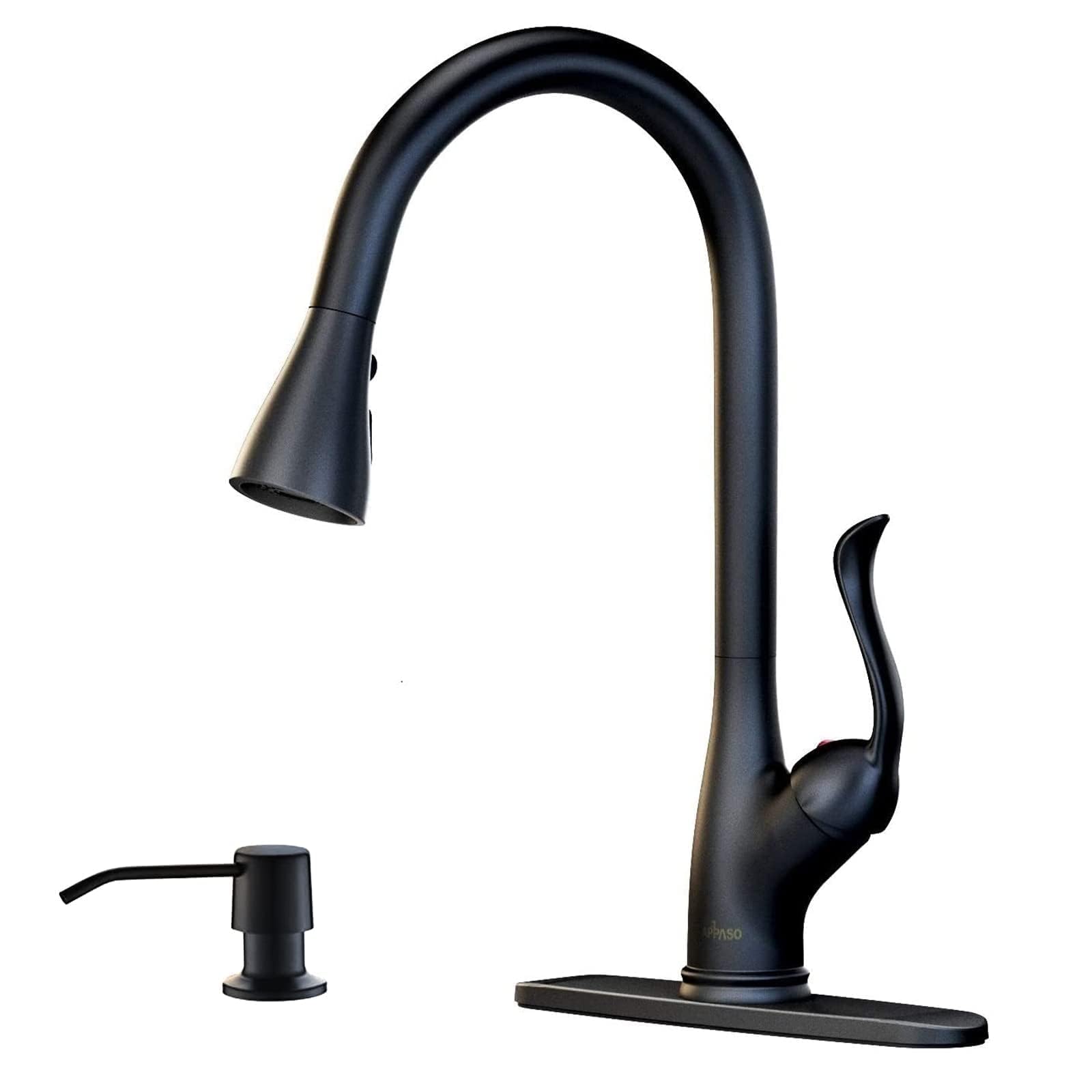 Matte Black Kitchen Faucet Pull Down Sprayer and Soap Dispenser - Single Handle Commercial High Arc One Hole Pull Out Spray Head Kitchen Sink Faucets with Deck Plate  APPASO