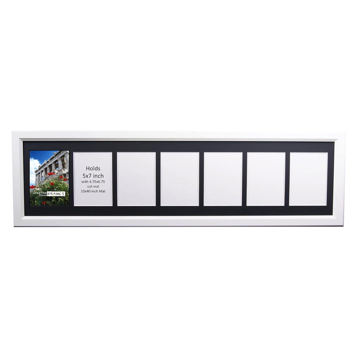 Creative Picture Frames 7 Opening Glass Face White Picture Frame To Hold 5 By 7 Inch Photographs Including 10X40-Inch Black Mat 