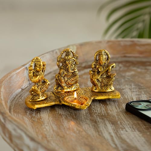 Exclusivelane Laxmi Ganesh & Saraswati Idol Showpiece Figurine With Diya (3.7 Inch, Metal) | Handcrafted For Home Dcor And Poo