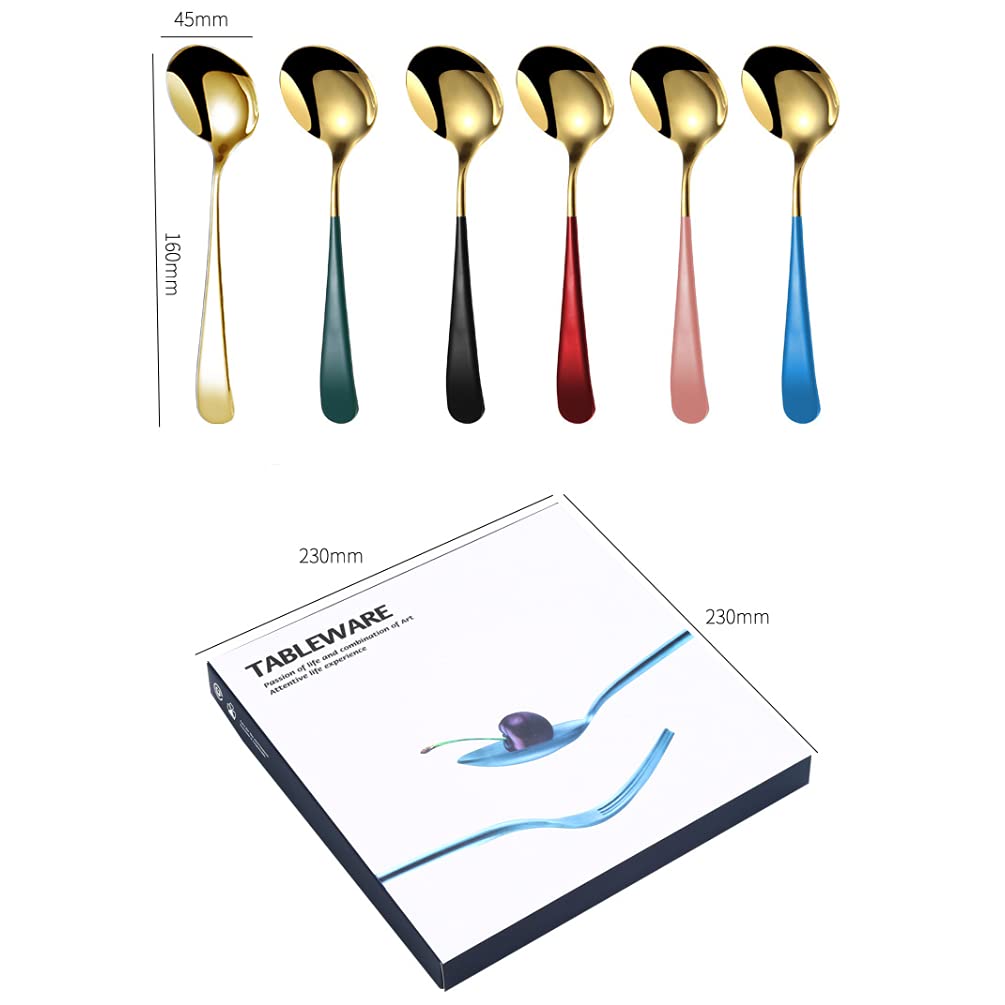Hktopcne 6 Pieces Stainless Steel Soup Spoons Round Colorful Handle Rice Spoons Elegant Life Dinner Spoons