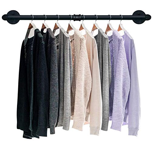 Tlbtek Industrial Pipe Clothes Rack,Heavy Duty Rustic Clothes Hanging Shelves System,Wall Mounted Detachable Black Iron Metal Ga