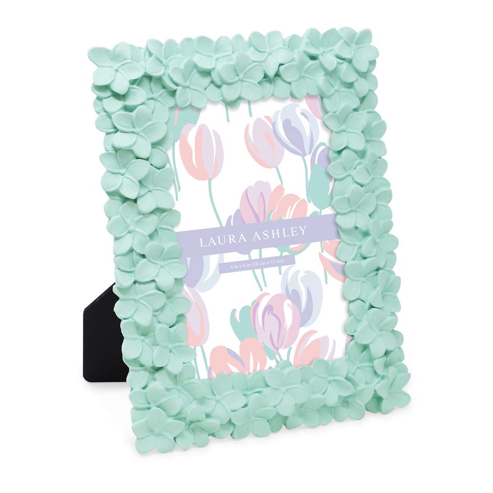 Laura Ashley 4x6 Mint Green Flower Textured Hand-Crafted Resin Picture Frame w/Easel & Hook for Tabletop & Wall Display, Decorat