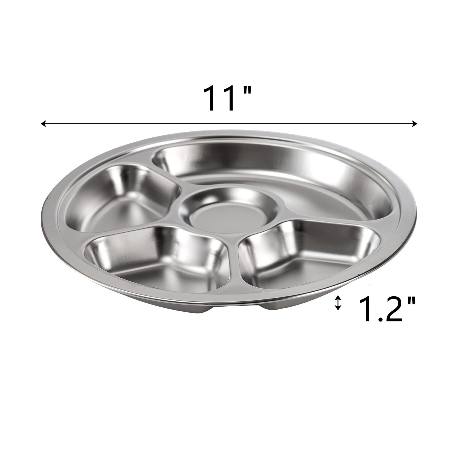 Zoofox Set Of 4 Stainless Steel Divided Dinner Plate, Stainless Steel Plates With 5 Sections, Round Serving Platter, Cafeteria M