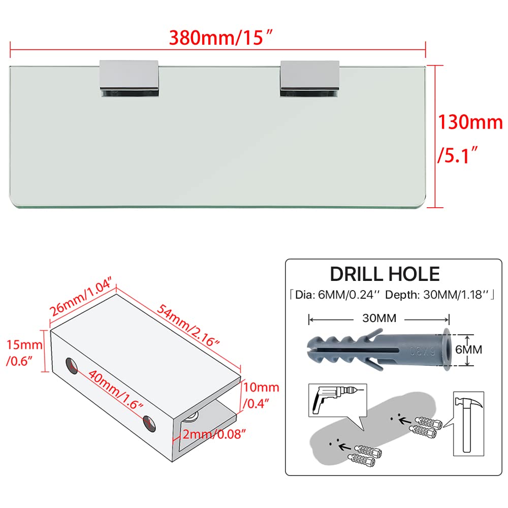Sayayo Floating Glass Shelves For Bathroom, Tempered Glass Shelf For Wall 15 X 5 Inch 1 Pcs, Clear