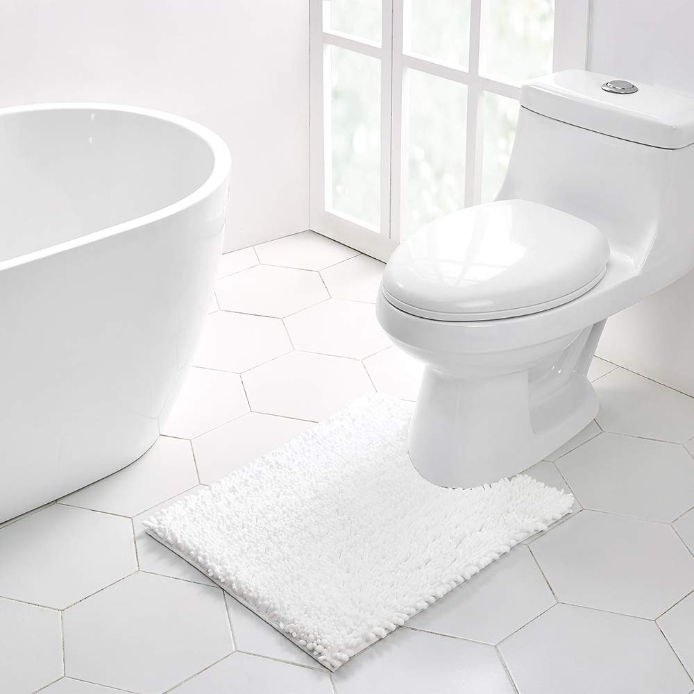 Walensee Bathroom Contour Rug Non Slip Toilet U Shaped Bath Mat (20X24, White) Water Absorbent Super Soft Shaggy Chenille Machin