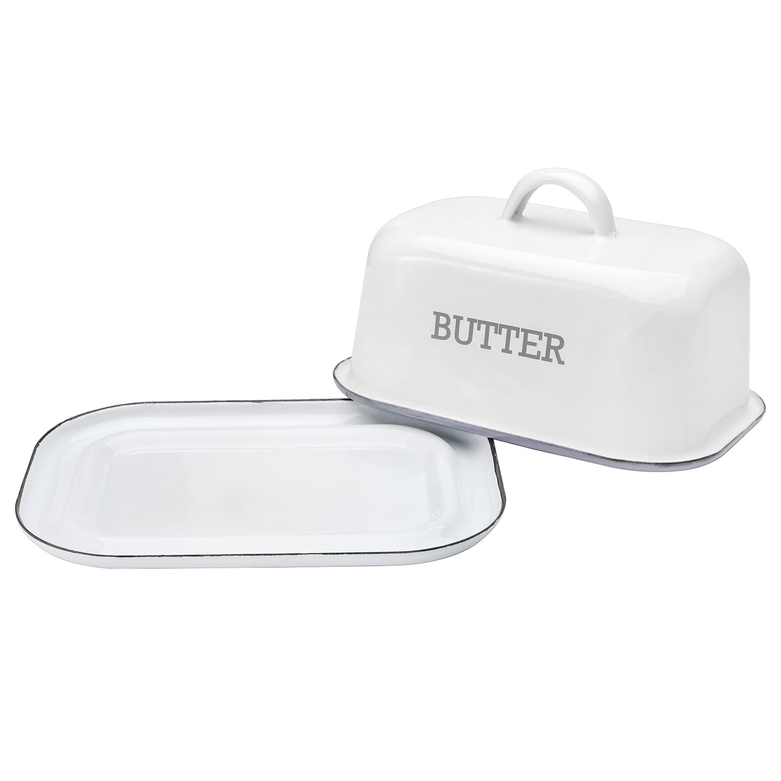 Suwimut Enamel Butter Dish With Lid, Farmhouse White Butter Dish Vintage Black Rim Enamelware Butter Container With Cover, Ename