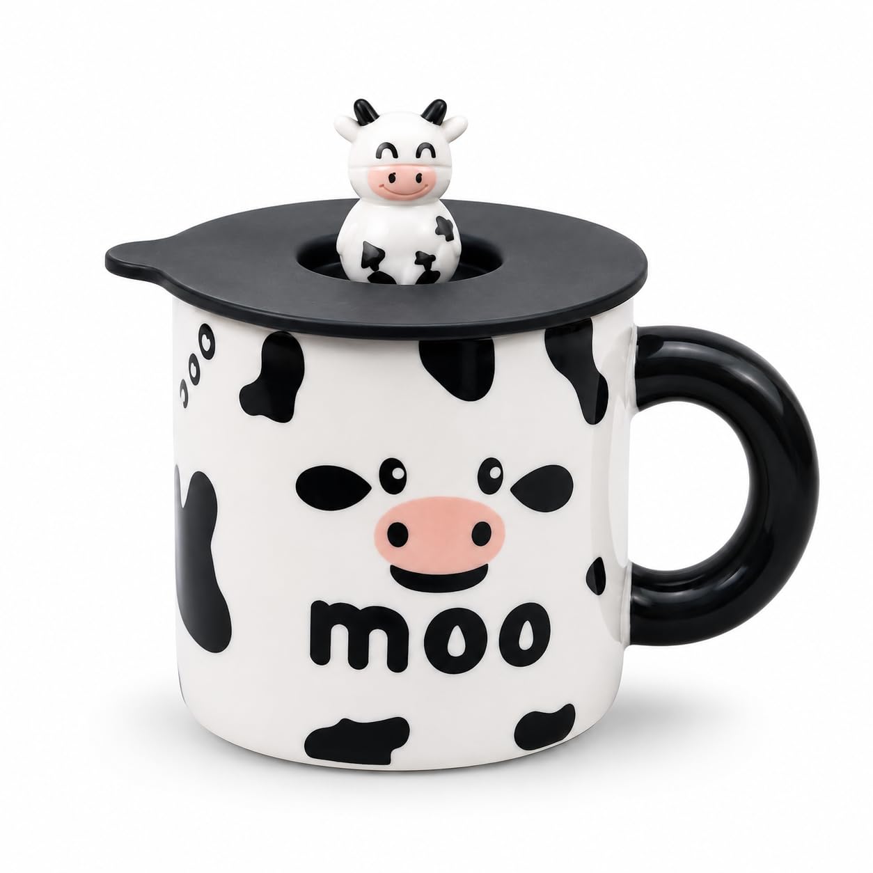 NEOCRATES Ceramic Cow Mug with Lid & 3D Cow Topper, Cute Black & White Coffee Mug for Your Favorite Morning Brew, 400 ml Animal 
