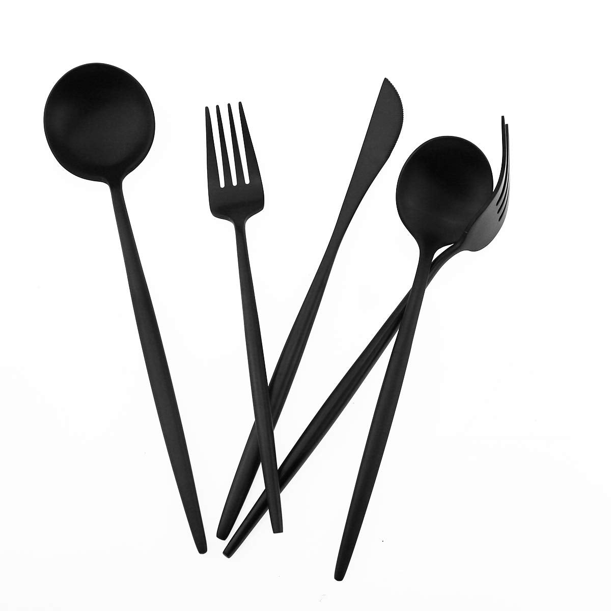 Matte Balck Silverware Set Gugrida 5-Piece 18/10 Stainless Steel Satin Finish Flatware Set Kitchen Utensil Set Tableware Travel Cutlery Set for Camping Office or School Lunch  Dishwasher Safe