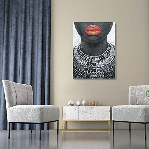Black Girl Canvas Wall Art: Native African American Woman In Gold And Red Lip With Tribal Necklaces Framed Pictures Black Art Pa