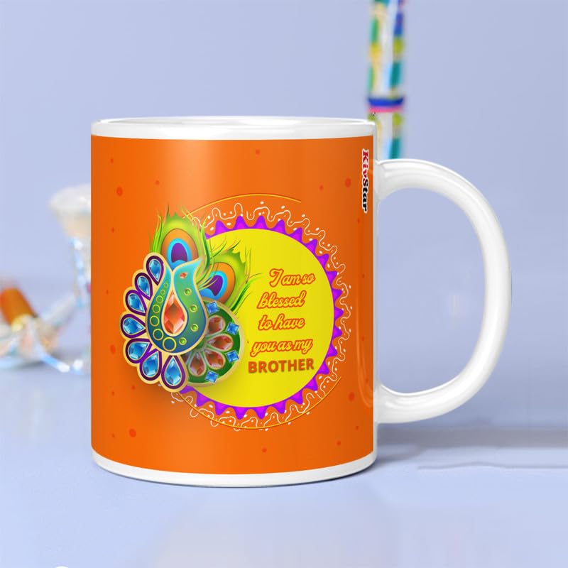 KivStar Rakhi for Brother with Printed Ceramic Mug & Rakhi Combo | 325 ml | Pack of 4 (Greeting Card, Roli Chawal, Rakhi, Printe