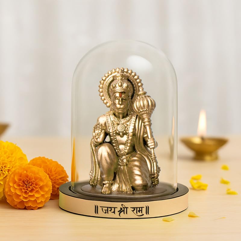 Astrotalk Resin Sankat Mochan Hanuman Murti | Hanuman Idol for Car, Home, & Mandir | Removes Obstacles, Brings Peace & Protection | 3D Printed Hanuman Ji Ki Murti in Borosilicate Dome, Gold