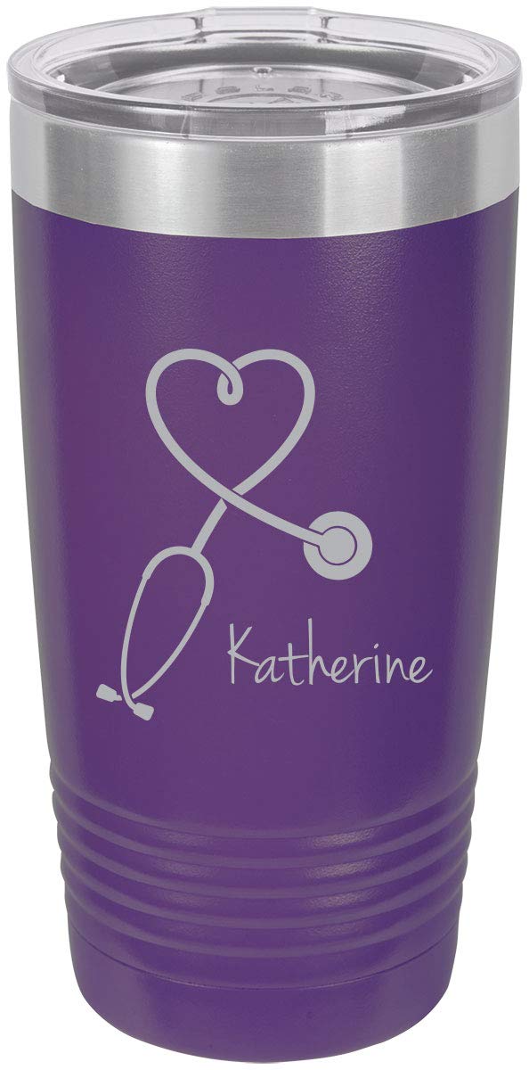 Stethoscope Nurse Personalized Add Your Custom Text Insulated Tumbler 20 Oz Travel Coffee Mug Customizable (Purple)