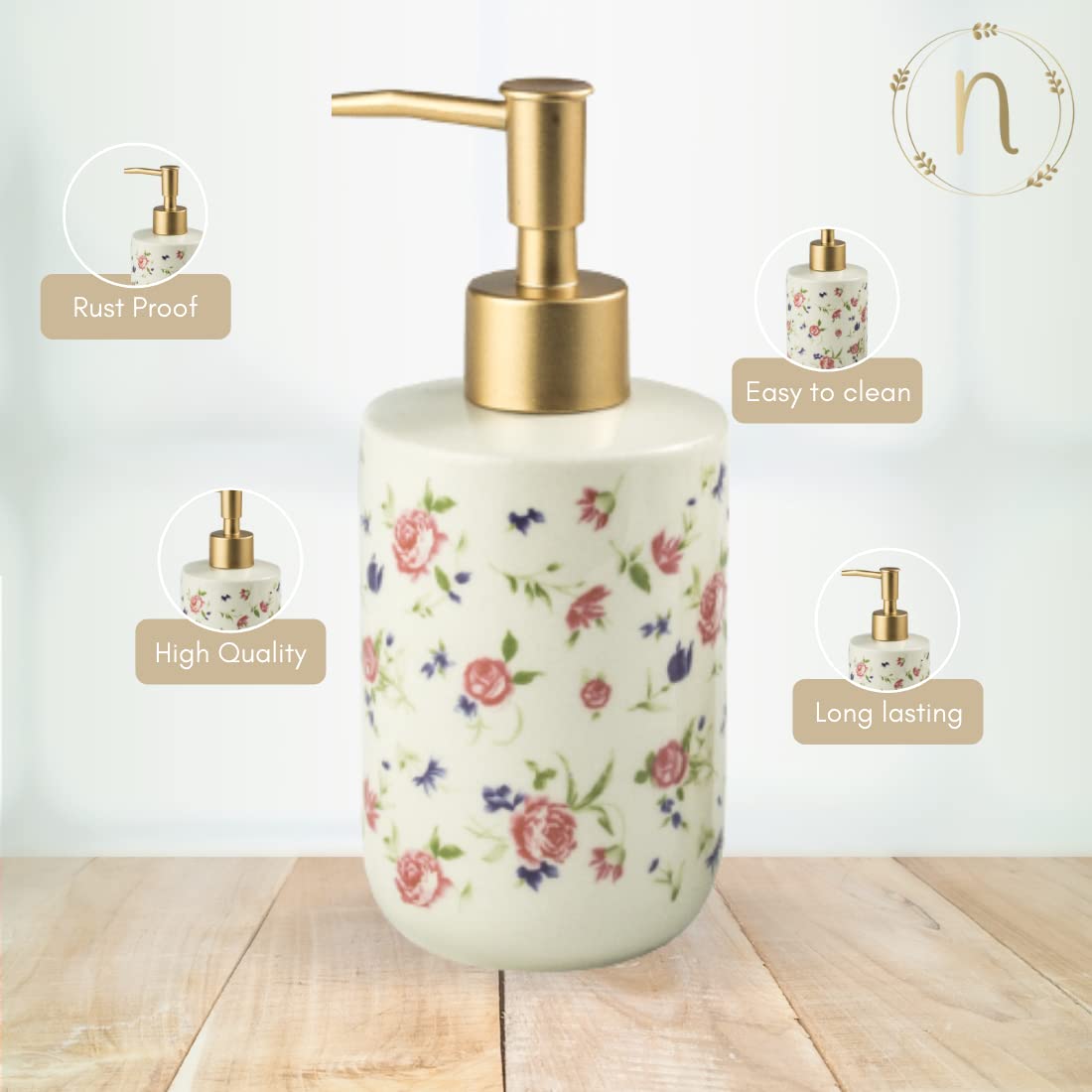 Nestasia Durable Floral Ceramic Liquid Dispenser for Kitchen | Handwash Bottle for Wash Basin | Shampoo Dispenser for Bathroom |